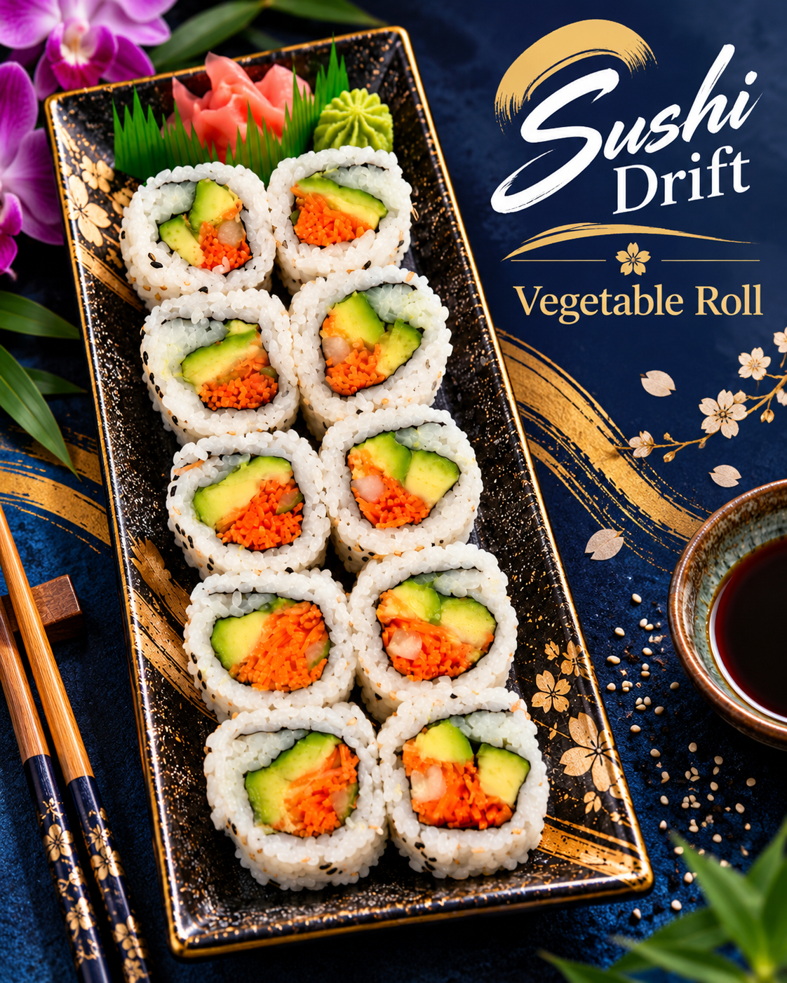 Sushi selection arranged on a serving board